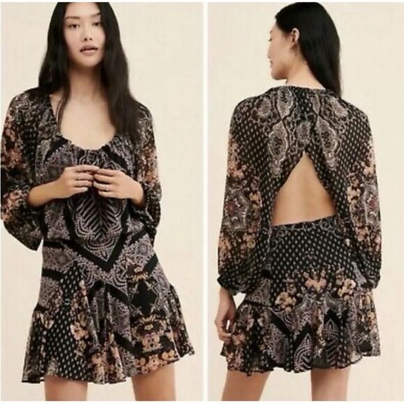 Free People Multicolored Mini Sundress S/P Bishop Sleeves Romantic Goth Sheer - Picture 1 of 16